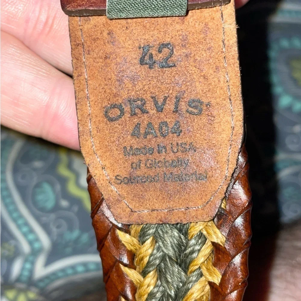 Orvis Sz 42 Woven Leather Tapered-Edge Belt Brown Antiqued Buckle 4AO4 USA‌‌‌‌‌‌
